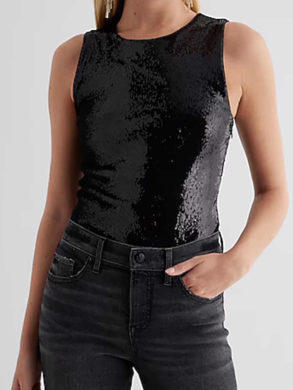 Express Body Contour Sequin Crewneck Tan Bodysuit NWT